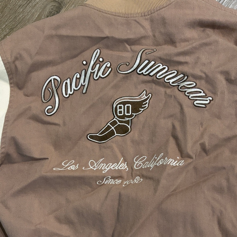 Pacific Sunwear Two-Tone Varsity Jacket in Dusty Rose & Cream - Picture 2 of 5